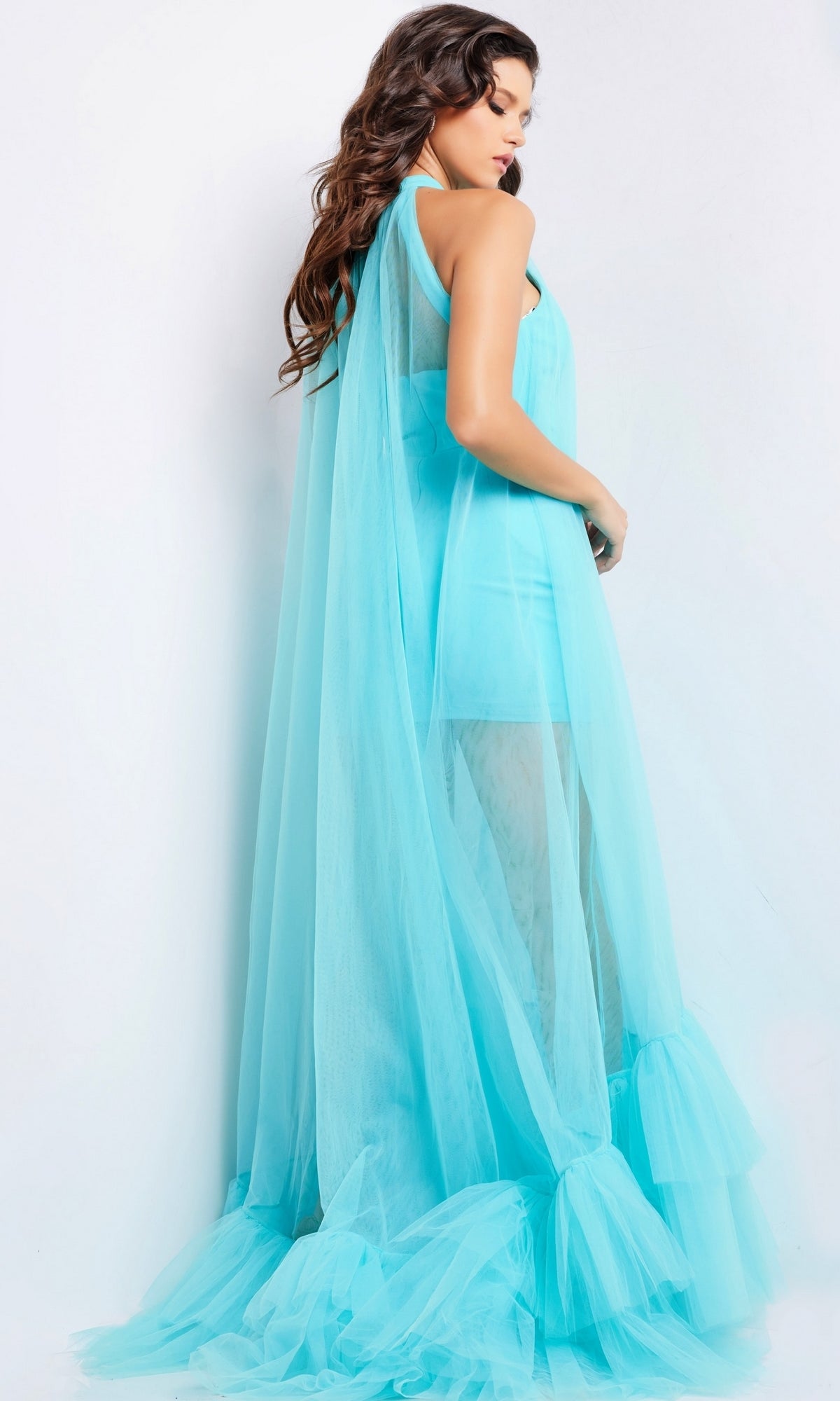 A woman faces slightly away from the camera in the Long Prom Dress 38720 by Jovani—a light blue sheer, high-neck formal gown with a long tulle train and ruffled hem—set against a plain white background.